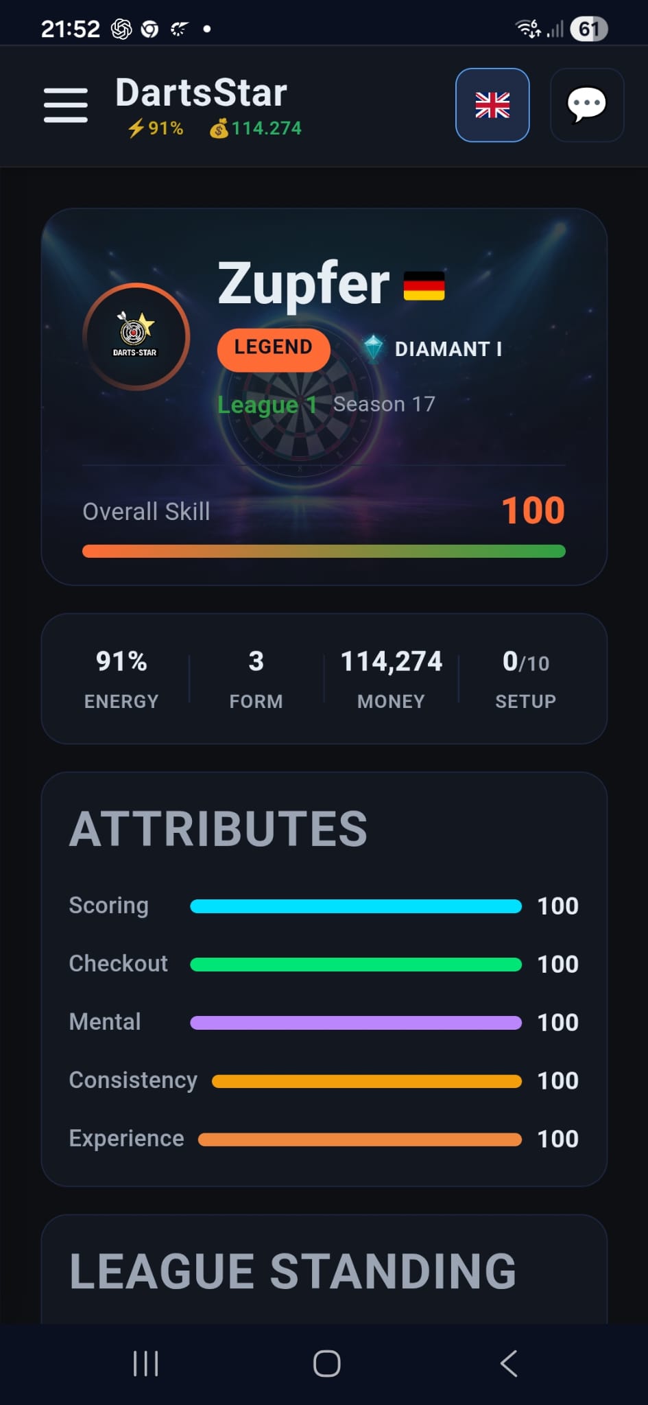 DartsStar screenshot showing career and training screens